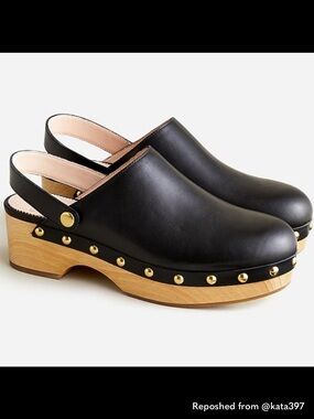 J. Crew Black Leather Studded Clogs with Wood Platform